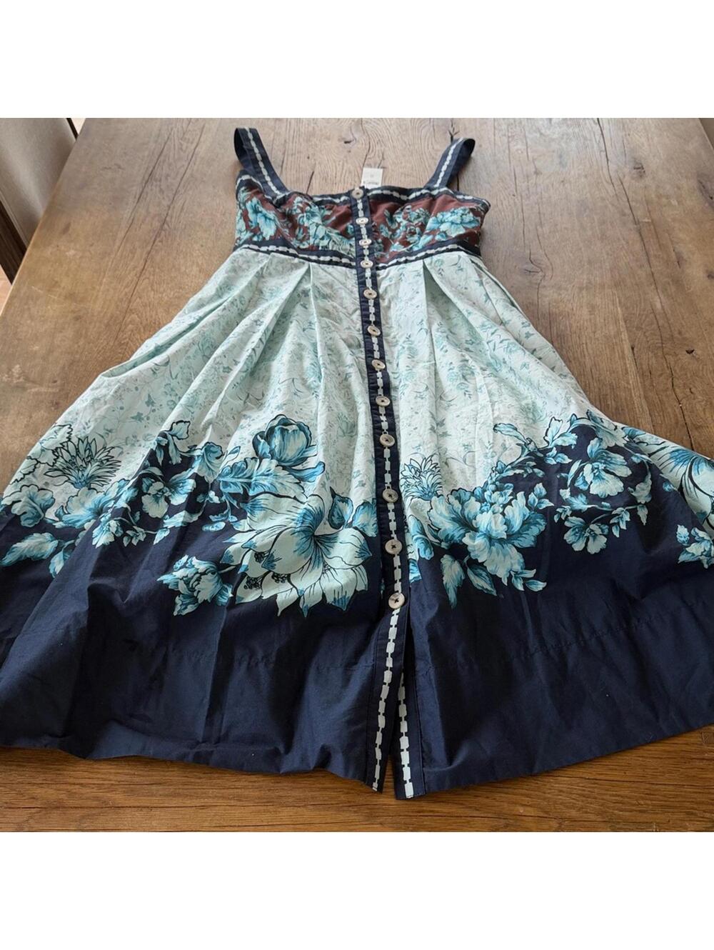 Anthropologie Maeve Sleevless Square-Neck Button-Front Dress Blue & Browm Sz XS